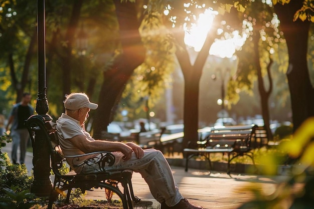 un hombre se sienta en un banco del parque al sol