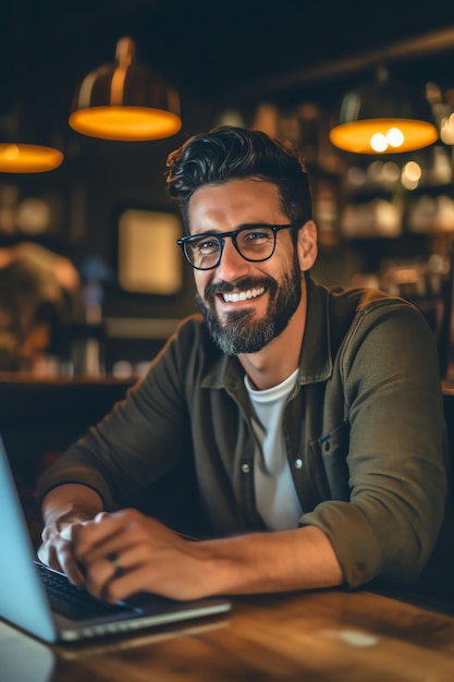 Un hombre se sienta en un bar con una computadora portátil frente a él.