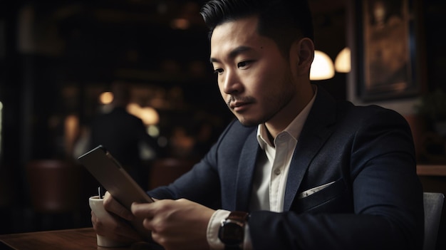 Foto un hombre se sienta en un bar con una tableta en la mano.