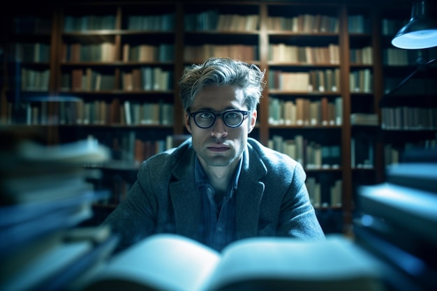 Un hombre se sienta en una biblioteca con libros sobre la mesa.