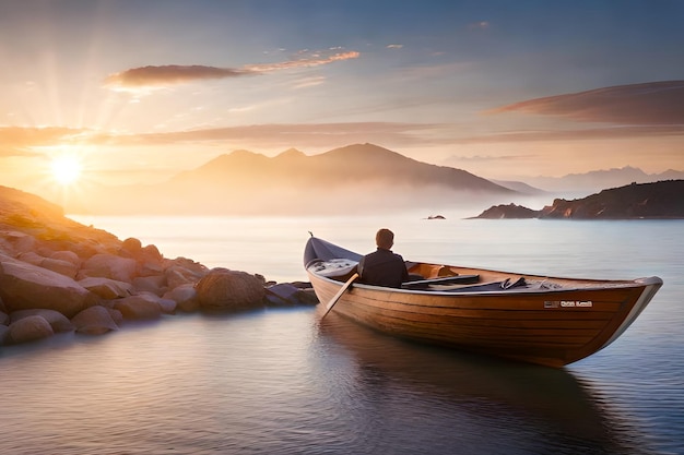 Un hombre se sienta en un bote en un lago al atardecer.