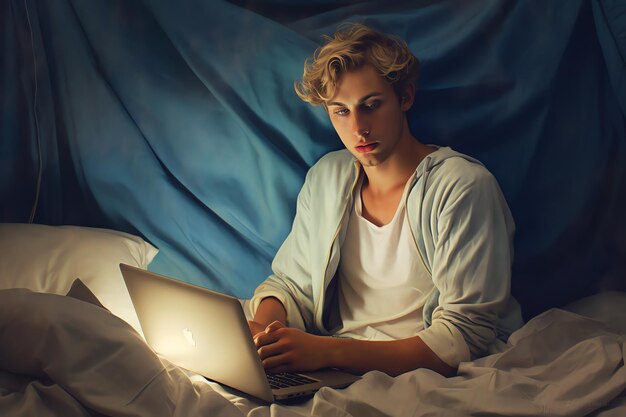 Un hombre se sienta en la cama con una computadora portátil en las manos.