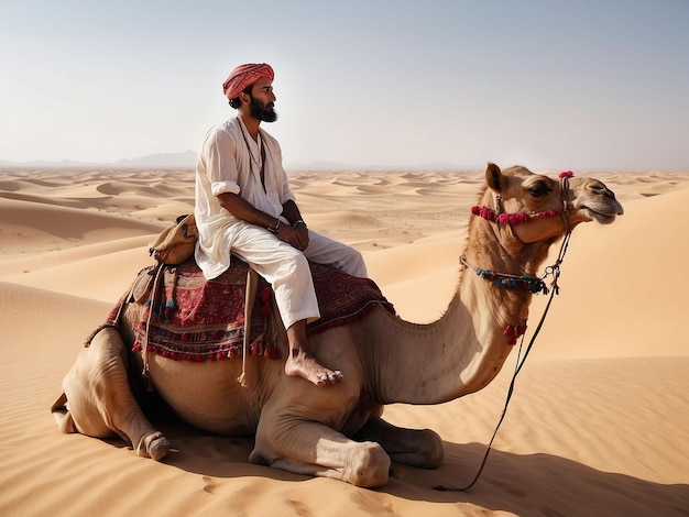 Un hombre se sienta en un camello en el desierto