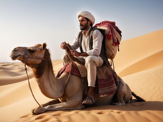 Un hombre se sienta en un camello en el desierto