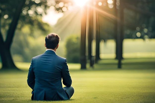 Un hombre se sienta en el campo de golf frente a un árbol y el sol brilla.