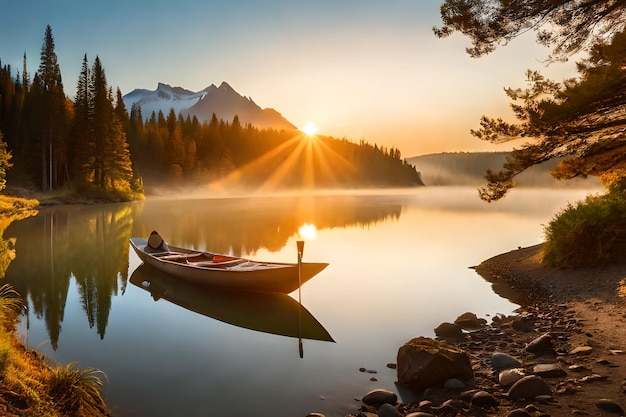 Un hombre se sienta en una canoa en un lago al atardecer.