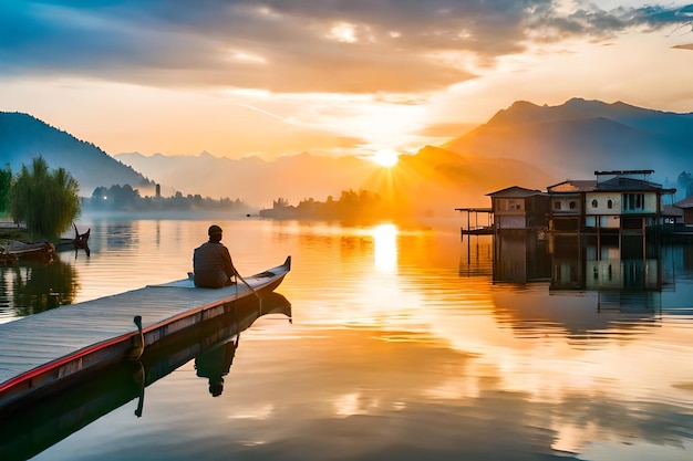 Un hombre se sienta en una canoa en un lago frente a una puesta de sol