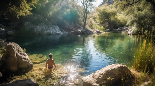 Un hombre se sienta en un charco de agua en el desierto.