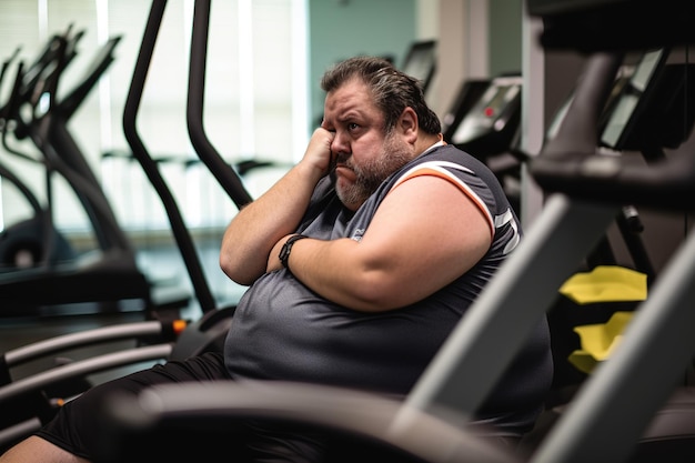 Un hombre se sienta en una cinta de correr en un gimnasio con un gran hombre gordo con una camisa gris