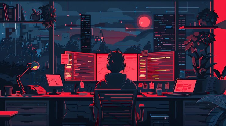 Foto un hombre se sienta en una computadora con un fondo rojo y un círculo rojo en el medio