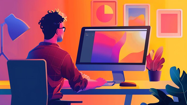 Foto un hombre se sienta en una computadora con un hombre trabajando en una computador
