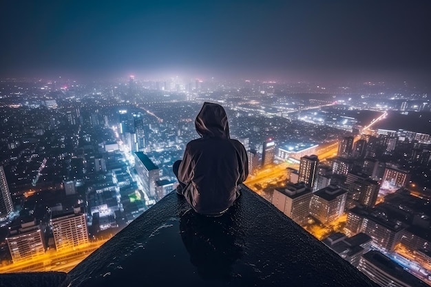 Un hombre se sienta en una cornisa mirando la ciudad por la noche.