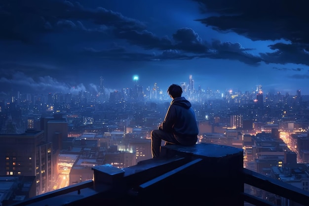 Un hombre se sienta en una cornisa mirando una ciudad por la noche.