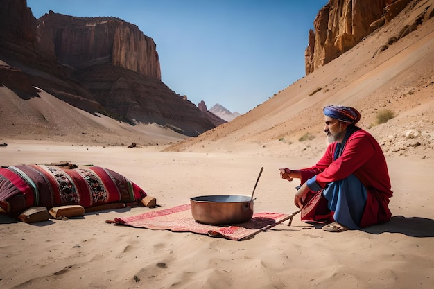 un hombre se sienta en el desierto con una olla de comida y una olla de arroz.