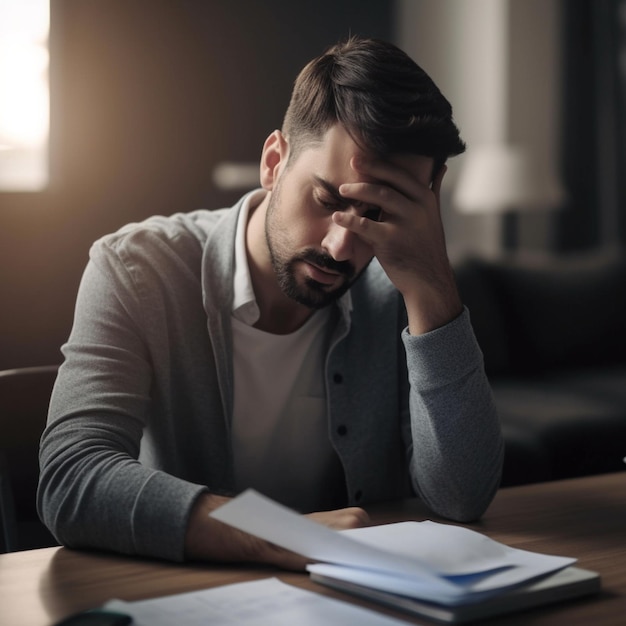 Foto un hombre se sienta en un escritorio con la cabeza sobre la cabeza.