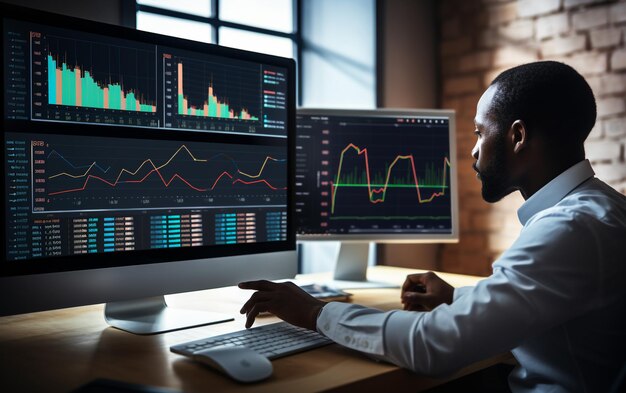 un hombre se sienta en un escritorio con una computadora y un gráfico que muestra los gráficos y gráficos