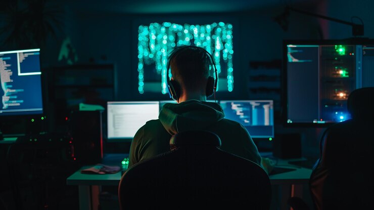 Foto un hombre se sienta en un escritorio con una computadora y un monitor con las palabras cita la palabra cita en él