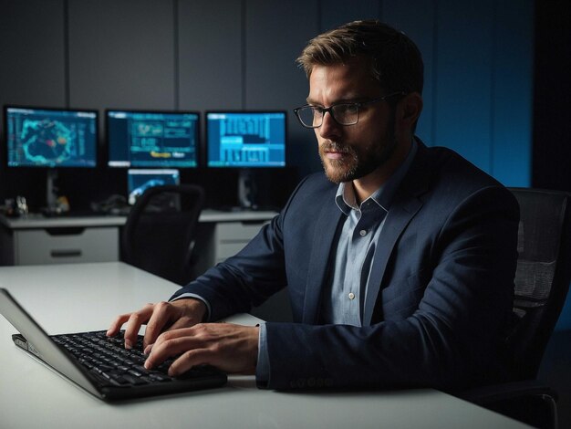 un hombre se sienta en un escritorio con una computadora y un monitor que muestra la palabra x
