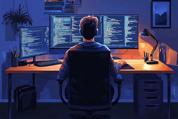 un hombre se sienta en un escritorio de computadora con las palabras código en la pantalla