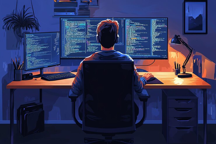 Foto un hombre se sienta en un escritorio de computadora con las palabras código en la pantalla
