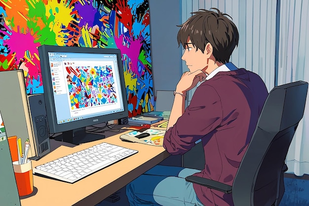 Un hombre se sienta en un escritorio con una computadora y una pintura colorida en la pared