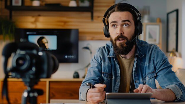 Foto un hombre se sienta en un escritorio con una computadora portátil y un micrófono