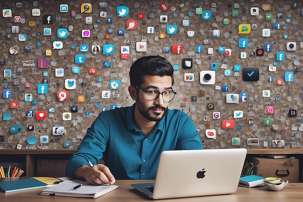 Un hombre se sienta en un escritorio con una computadora portátil y una pared de iconos de redes sociales detrás de él