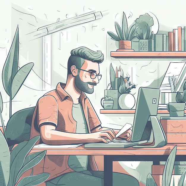 Un hombre se sienta en un escritorio con una computadora portátil y una planta en el estante detrás de él.