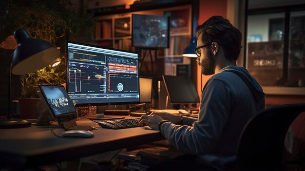 un hombre se sienta en un escritorio con dos monitores y un monitor que muestra un satélite