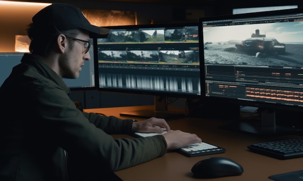 Un hombre se sienta en un escritorio frente a dos monitores, con la palabra video en la pantalla.
