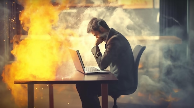 Un hombre se sienta en un escritorio frente a un fuego ardiente.