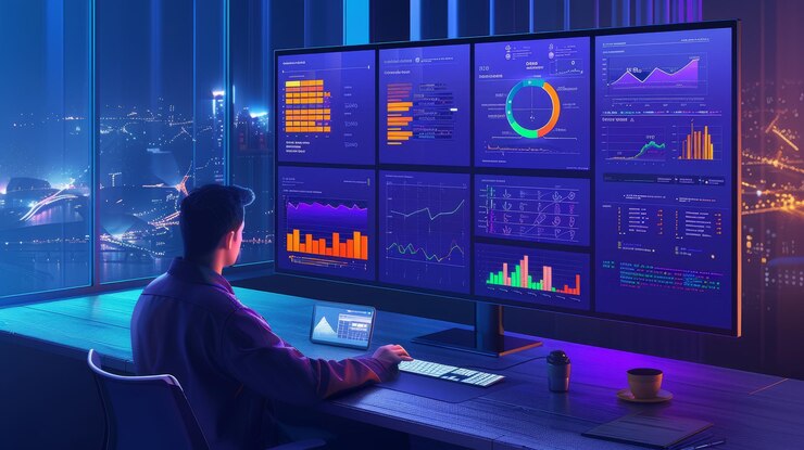 Foto un hombre se sienta en un escritorio frente a una pantalla de computadora con un gráfico que muestra gráficos y gráficos