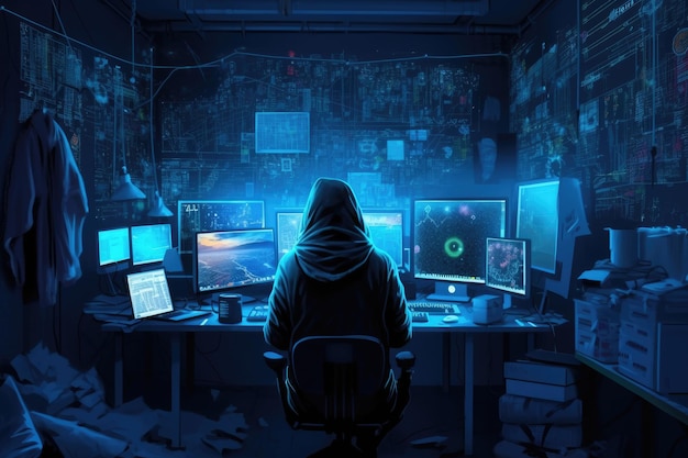 Un hombre se sienta en un escritorio frente a una pantalla de computadora que dice "cyberpunk"