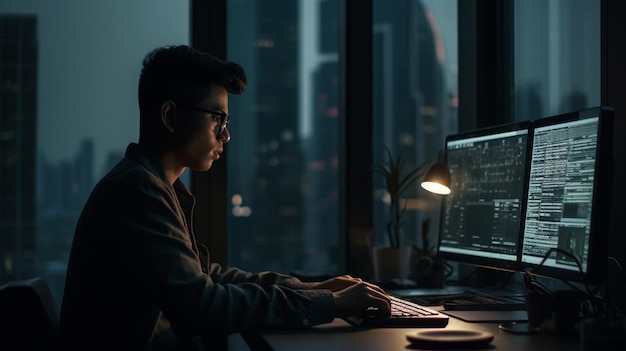 Un hombre se sienta en un escritorio frente a una ventana, con una pantalla de computadora que dice datos.