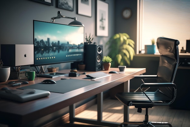 Un hombre se sienta en un escritorio con un monitor de computadora que dice microsoft.