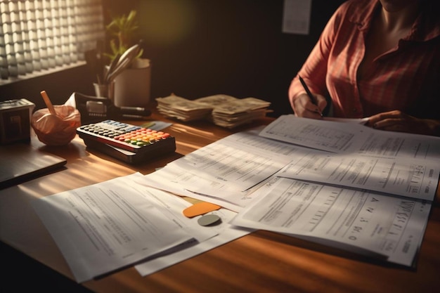 Foto un hombre se sienta en un escritorio con papeles y una calculadora en él.