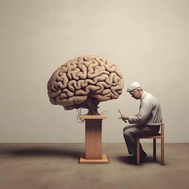 Un hombre se sienta frente a un árbol cerebral gigante.