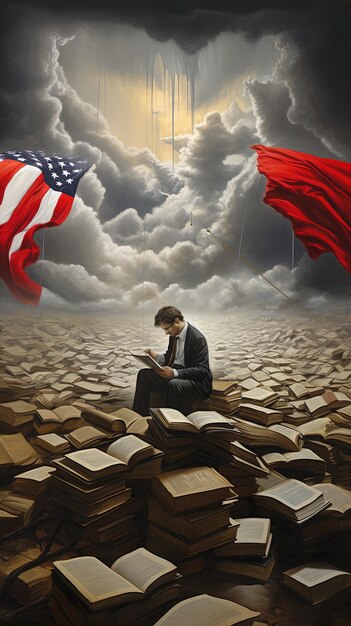 un hombre se sienta frente a una bandera y lee la Biblia