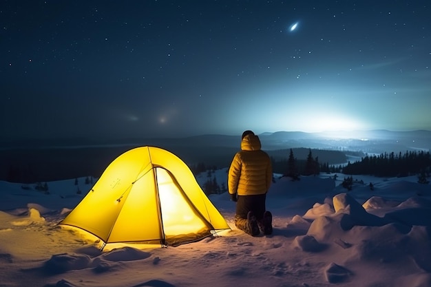 Un hombre se sienta frente a una carpa amarilla en la nieve.