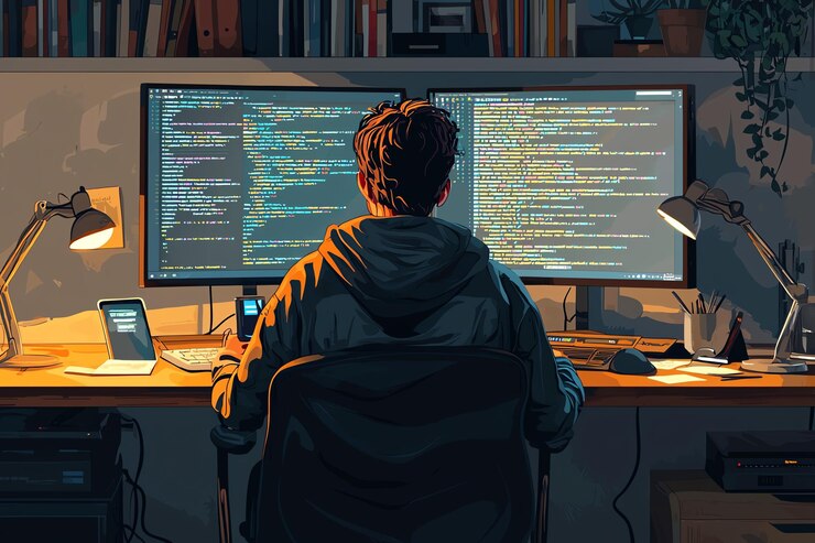 Foto un hombre se sienta frente a una computadora con el código de código de texto en la pantalla