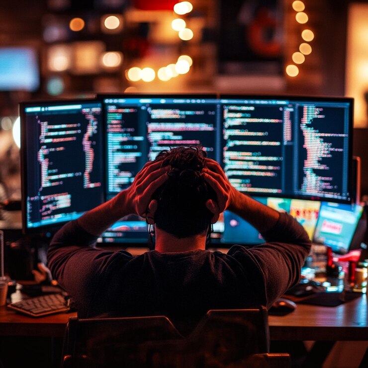 Foto un hombre se sienta frente a una computadora con el código de la palabra en la pantalla