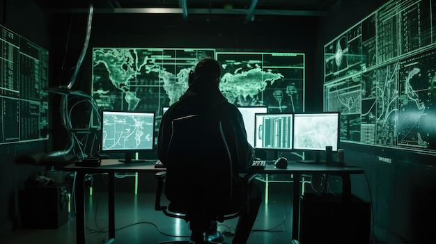 Un hombre se sienta frente a una computadora frente a un mapa del mundo.