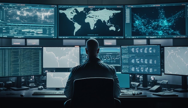 Un hombre se sienta frente a una computadora frente a un monitor que dice "seguridad cibernética".
