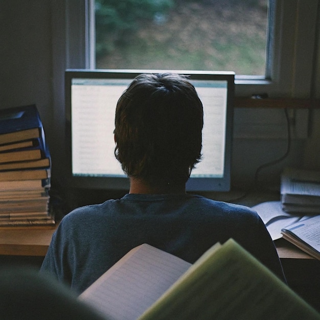 un hombre se sienta frente a una computadora con un gran monitor detrás de él