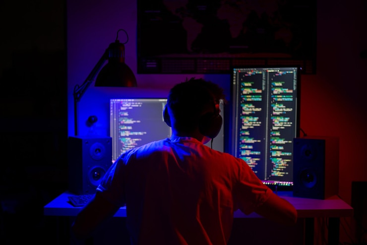 Foto un hombre se sienta frente a una computadora en una habitación en una mesa por la noche con iluminación azul y programas
