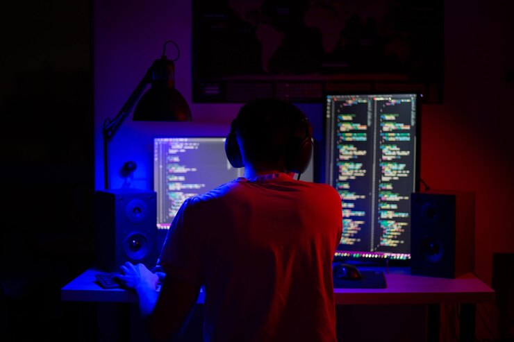 Foto un hombre se sienta frente a una computadora en una habitación en una mesa por la noche con iluminación azul y programas