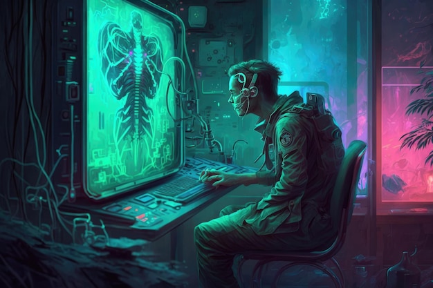 Un hombre se sienta frente a una computadora mirando una pantalla de esqueleto.