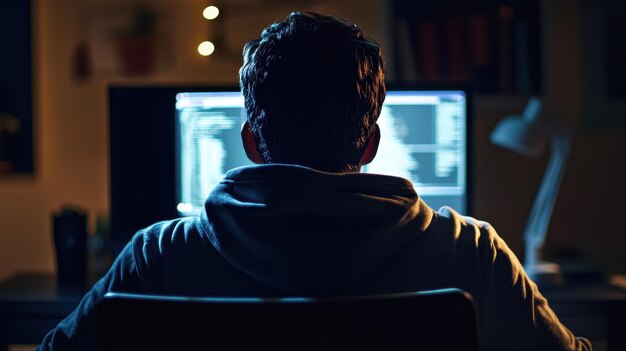 un hombre se sienta frente a una computadora con un monitor que muestra una pantalla de computadora con las palabras no