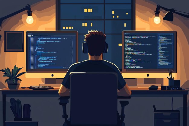 un hombre se sienta frente a una computadora con las palabras código código en la pantalla