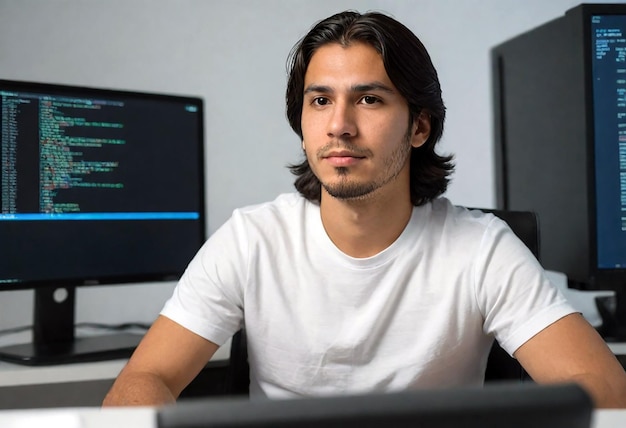 Foto un hombre se sienta frente a una computadora con una pantalla que muestra el texto im no la computadora